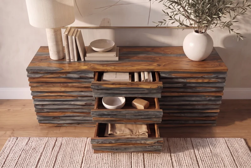 Buffet en bois massif RELIEF 160 cm Sheesham finition gris fumé commode avec tiroirs