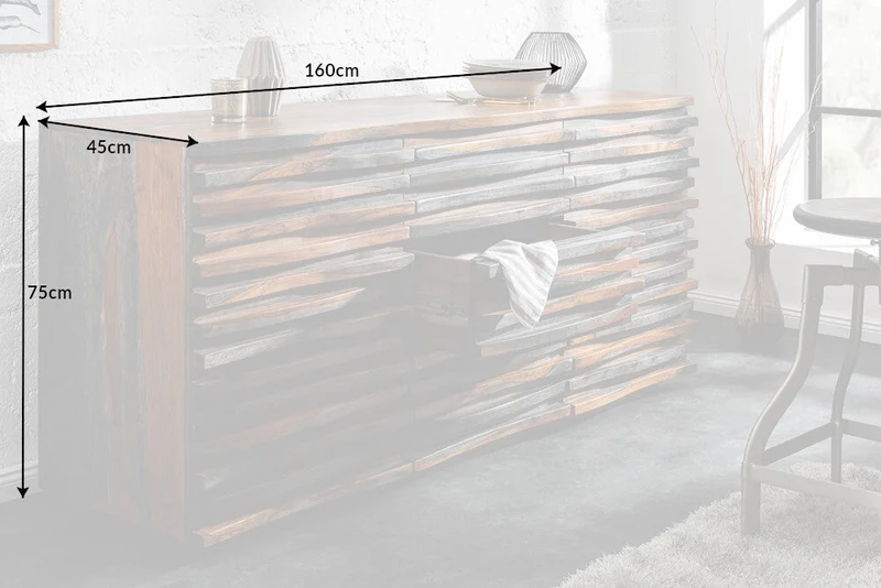 Buffet en bois massif RELIEF 160 cm Sheesham finition gris fumé commode avec tiroirs