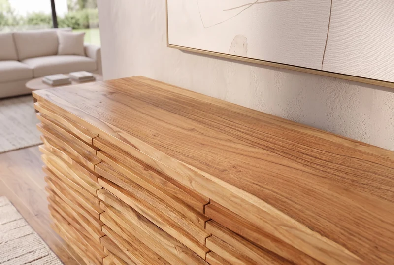 Buffet en bois massif RELIEF 160cm, commode en acacia avec façade élaborée