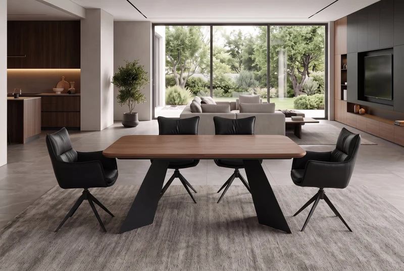 Table à manger extensible PRESTIGE 180-240cm bois de noyer naturel structure métal noir