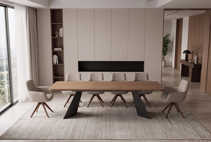 Table à manger extensible PRESTIGE 180-240cm bois de noyer naturel structure métal noir