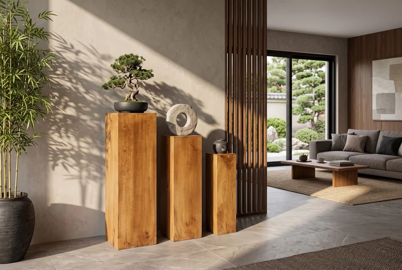 Design colonne décorative 3 pièces MAKASSAR 80 cm finition miel brun bois de manguier fait à la main
