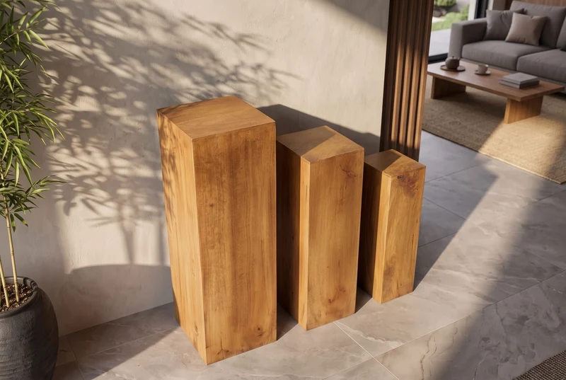 Design colonne décorative 3 pièces MAKASSAR 80 cm finition miel brun bois de manguier fait à la main
