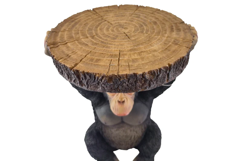 Table d’appoint ronde MONKEY 55cm sculpture de singe gris noir fait main