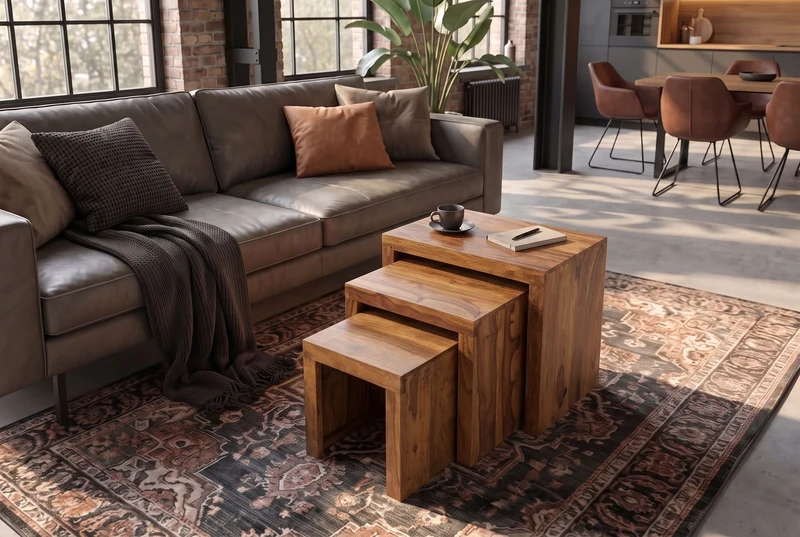 Lot de 3 tables d’appoint en bois massif MAKASSAR 45cm finition pierre Sesham marron grain