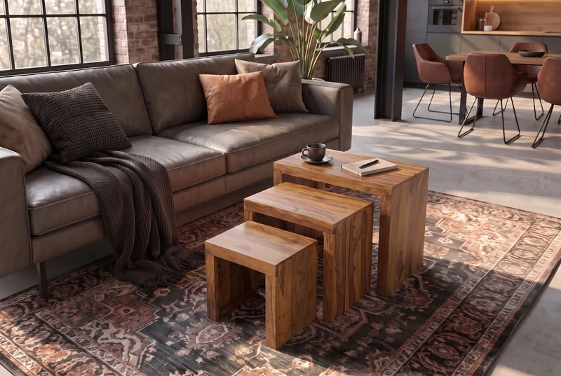 Lot de 3 tables d’appoint en bois massif MAKASSAR 45cm finition pierre Sesham marron grain