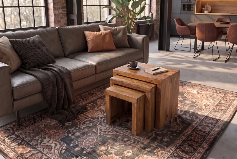Lot de 3 tables d’appoint en bois massif MAKASSAR 45cm finition pierre Sesham marron grain