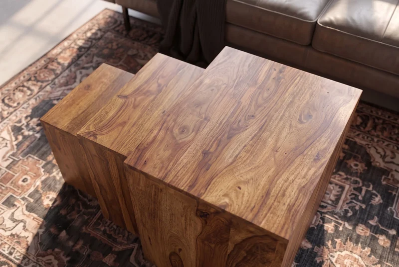 Lot de 3 tables d’appoint en bois massif MAKASSAR 45cm finition pierre Sesham marron grain