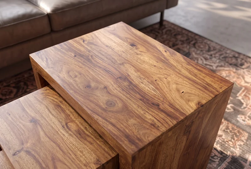 Lot de 3 tables d’appoint en bois massif MAKASSAR 45cm finition pierre Sesham marron grain