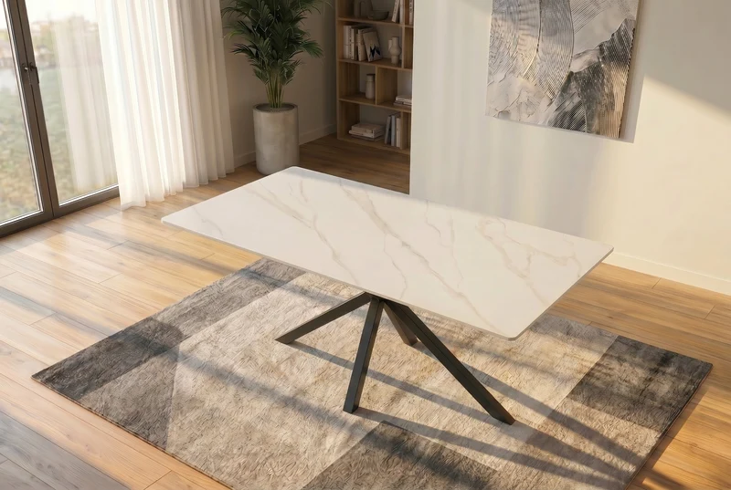Table à manger moderne GALAXIE 160cm céramique blanche structure étoile métal noir