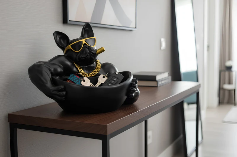 Lot de 2x Figurine décorative BULLDOG 35cm noir handmade bol avec compartiment de rangement