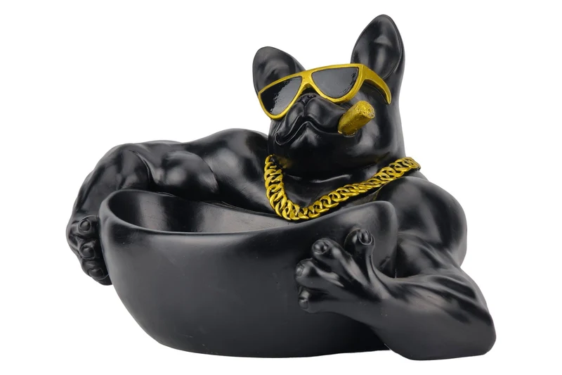 Lot de 2x Figurine décorative BULLDOG 35cm noir handmade bol avec compartiment de rangement