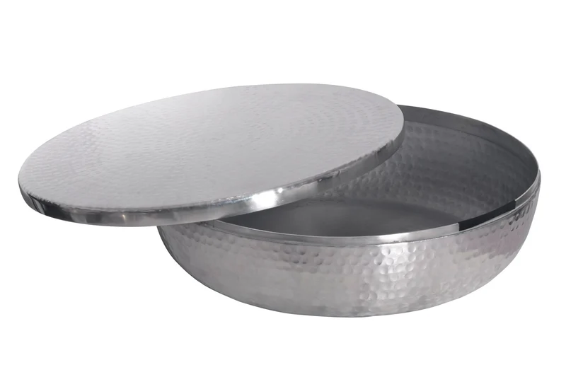Bol fait main ORIENT 40cm métal argenté rond avec couvercle boite à bijoux
