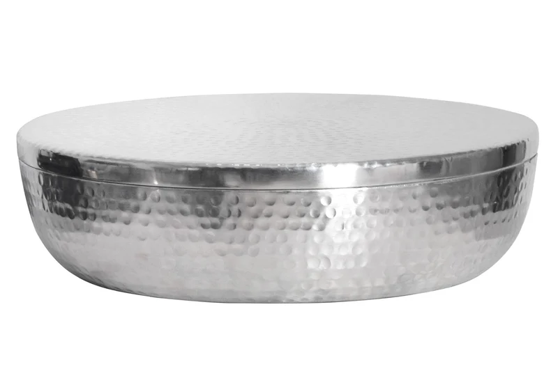Bol fait main ORIENT 40cm métal argenté rond avec couvercle boite à bijoux