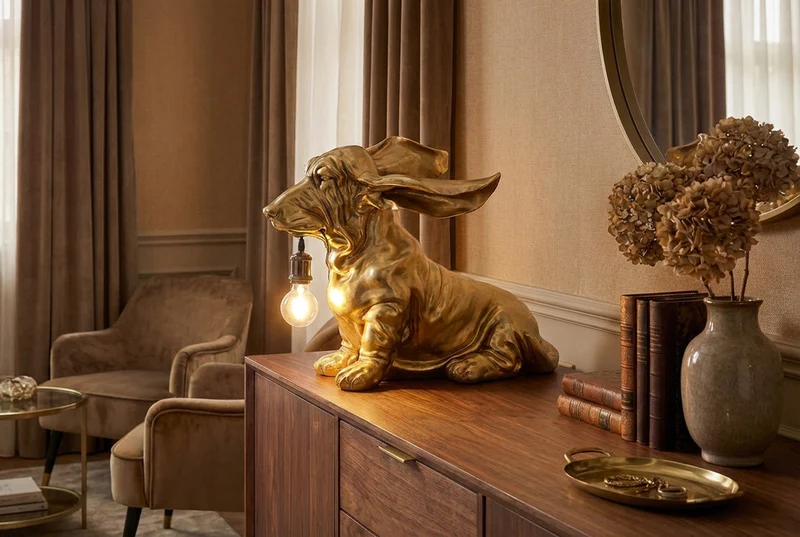 Lampe de table faite à la main DACKEL 70cm doré sculpture de chien