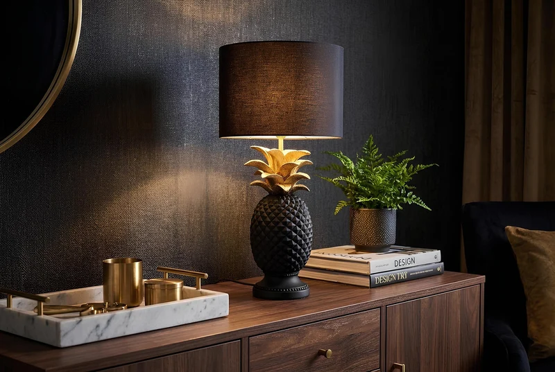 Lot de 2x Lampe de table faite main PINEAPPLE 50cm design ananas noir doré avec abat-jour en tissu