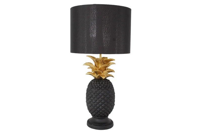 Lot de 2x Lampe de table faite main PINEAPPLE 50cm design ananas noir doré avec abat-jour en tissu