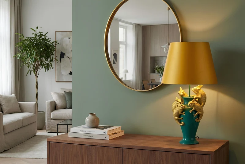 Lot de 2x Lampe de table faite main CHAMELEON 55cm sculpture or vert abat-jour tissu jaune