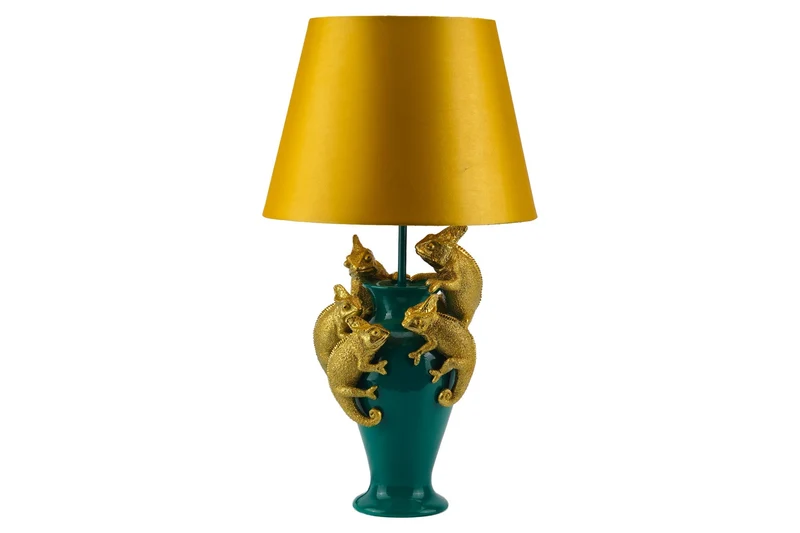 Lot de 2x Lampe de table faite main CHAMELEON 55cm sculpture or vert abat-jour tissu jaune