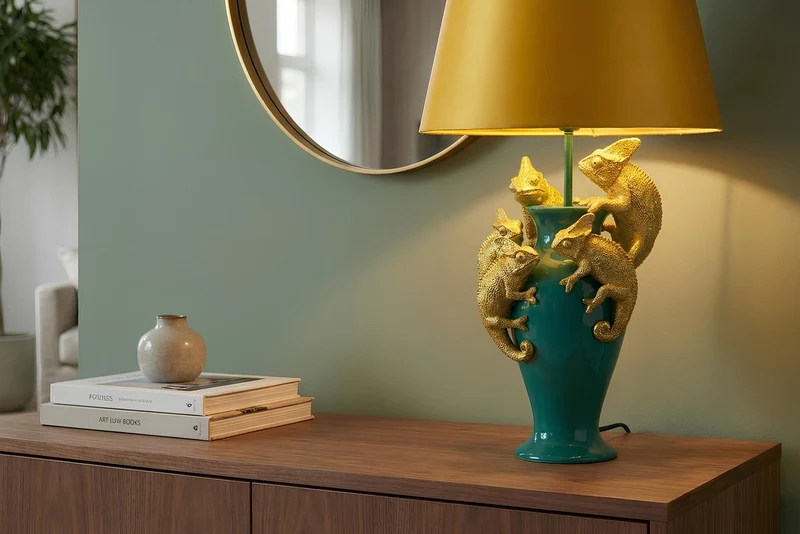 Lot de 2x Lampe de table faite main CHAMELEON 55cm sculpture or vert abat-jour tissu jaune