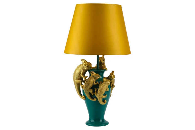 Lot de 2x Lampe de table faite main CHAMELEON 55cm sculpture or vert abat-jour tissu jaune