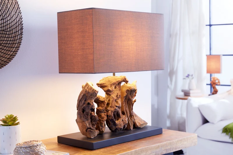 Lampe de table ARAGON 50 cm – base bois flotté marron, abat-jour lin