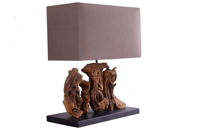 Lampe de table ARAGON 50 cm – base bois flotté marron, abat-jour lin