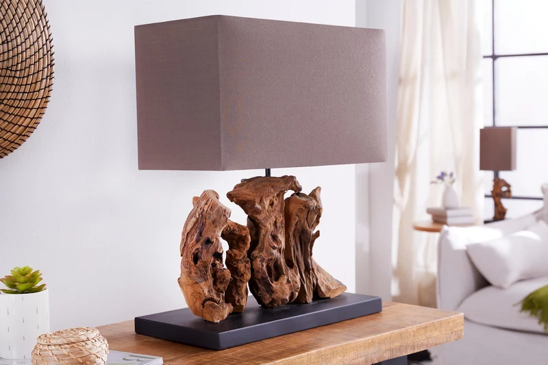 Lampe de table ARAGON 50 cm – base bois flotté marron, abat-jour lin