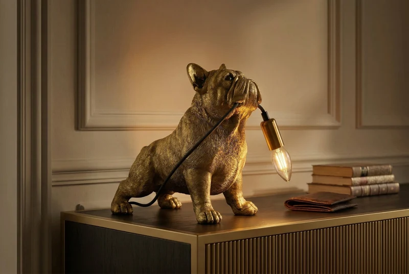 Lot de 2x Lampe de table artisanale BULLDOG 35cm or sculpture de chien