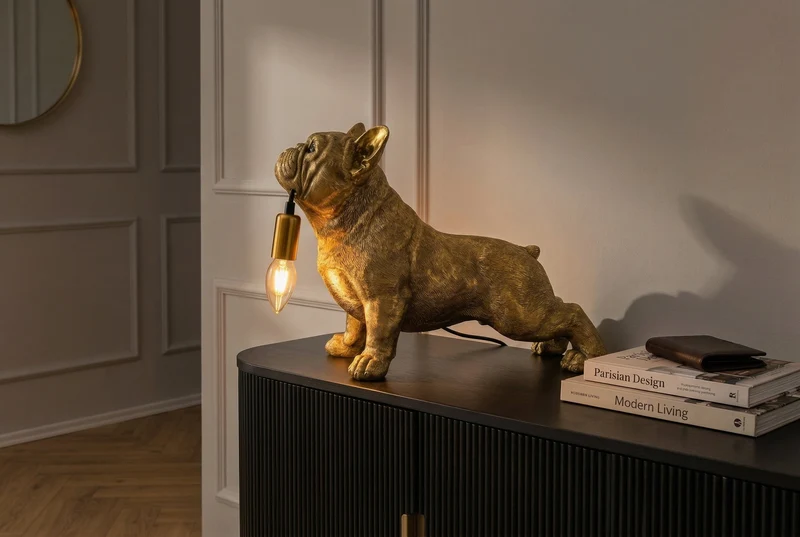 Lot de 2x Lampe de table artisanale BULLDOG 35cm or sculpture de chien