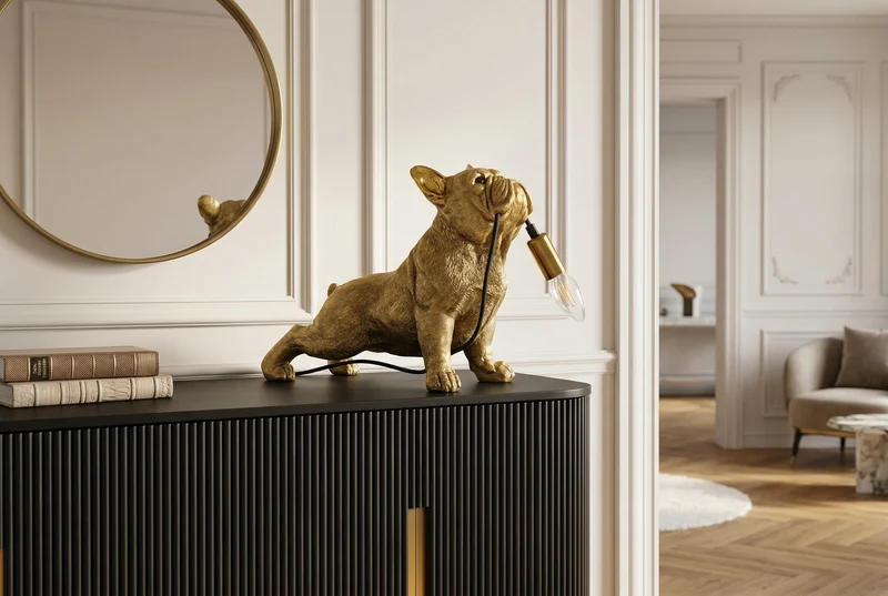 Lot de 2x Lampe de table artisanale BULLDOG 35cm or sculpture de chien