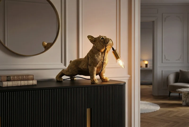 Lot de 2x Lampe de table artisanale BULLDOG 35cm or sculpture de chien