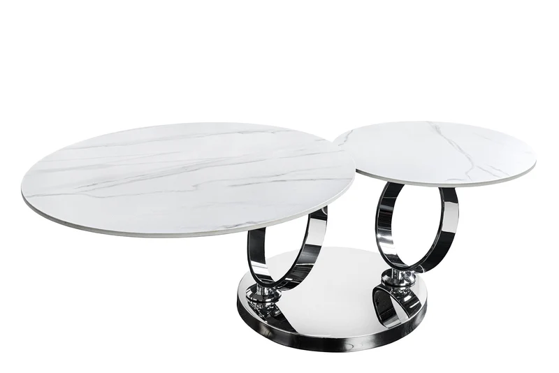 Table basse design DANCING RINGS ronde blanche tournante en marbre céramique structure chromée