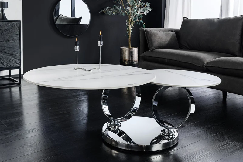 Table basse design DANCING RINGS ronde blanche tournante en marbre céramique structure chromée