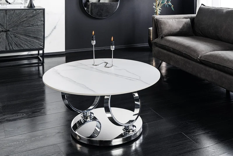 Table basse design DANCING RINGS ronde blanche tournante en marbre céramique structure chromée