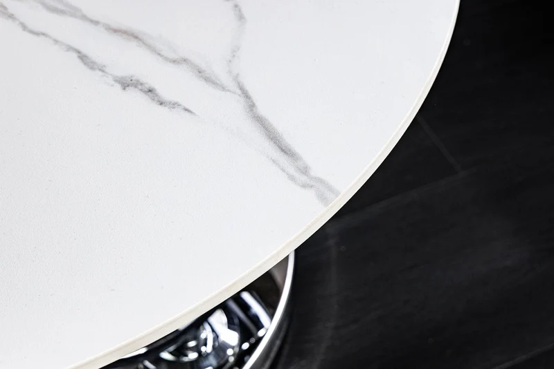 Table basse design DANCING RINGS ronde blanche tournante en marbre céramique structure chromée