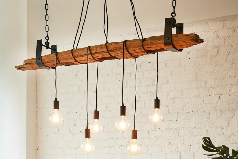 Lampe à suspension industrielle BARRACUDA 152cm en bois massif recyclé à 5 lumières
