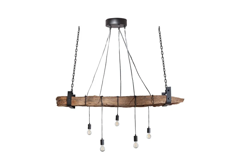 Lampe à suspension industrielle BARRACUDA 152cm en bois massif recyclé à 5 lumières