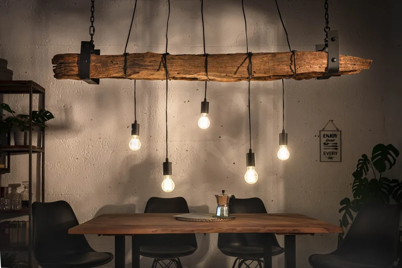 Lampe à suspension industrielle BARRACUDA 152cm en bois massif recyclé à 5 lumières