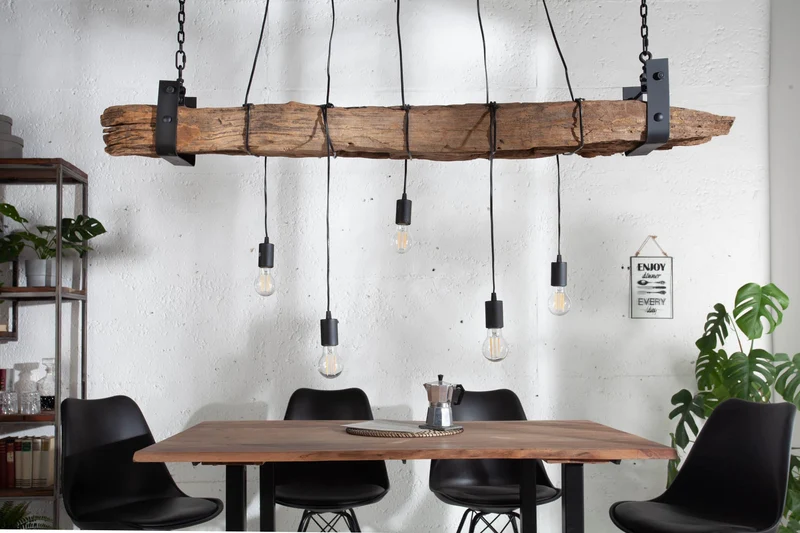 Lampe à suspension industrielle BARRACUDA 152cm en bois massif recyclé à 5 lumières