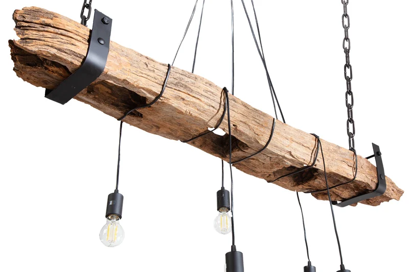 Lampe à suspension industrielle BARRACUDA 152cm en bois massif recyclé à 5 lumières