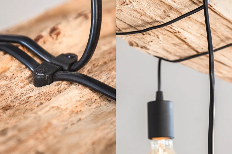 Lampe à suspension industrielle BARRACUDA 152cm en bois massif recyclé à 5 lumières
