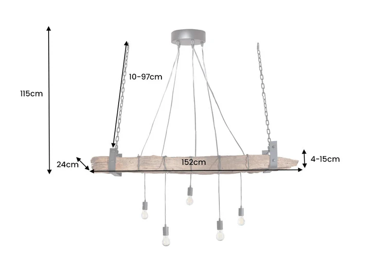 Lampe à suspension industrielle BARRACUDA 152cm en bois massif recyclé à 5 lumières