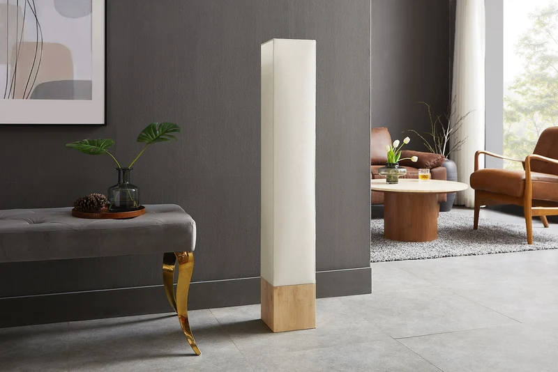Lot de 2x Lampe sur pied moderne AGAPUNE 120cm blanc clair-brun base en bambou abat-jour en tissu