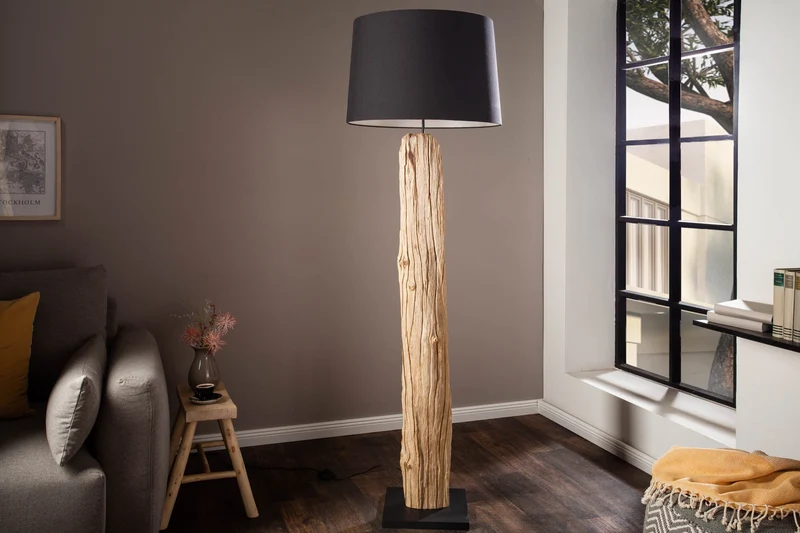 Lampadaire fait main ROUSILIQUE 180cm lampe en bois flotté noir abat-jour en lin tronc d’arbre