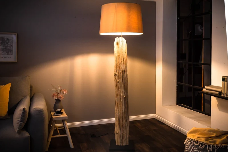 Lampadaire fait main ROUSILIQUE 180cm lampe en bois flotté beige abat-jour en lin tronc d’arbre