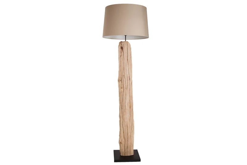 Lampadaire fait main ROUSILIQUE 180cm lampe en bois flotté beige abat-jour en lin tronc d’arbre