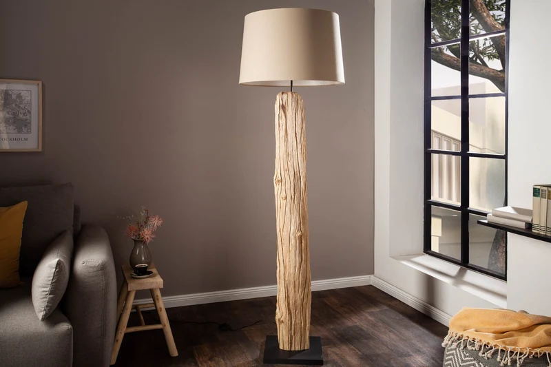 Lampadaire fait main ROUSILIQUE 180cm lampe en bois flotté beige abat-jour en lin tronc d’arbre