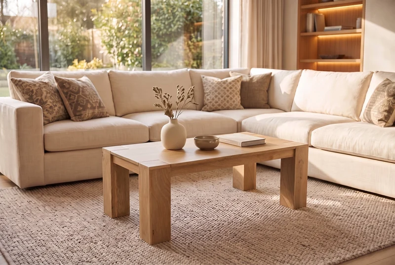 Table basse massive MAKASSAR 100cm en manguier naturel finition crème grain unique