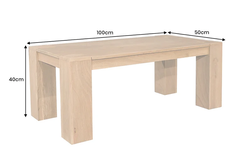 Table basse massive MAKASSAR 100cm en manguier naturel finition crème grain unique